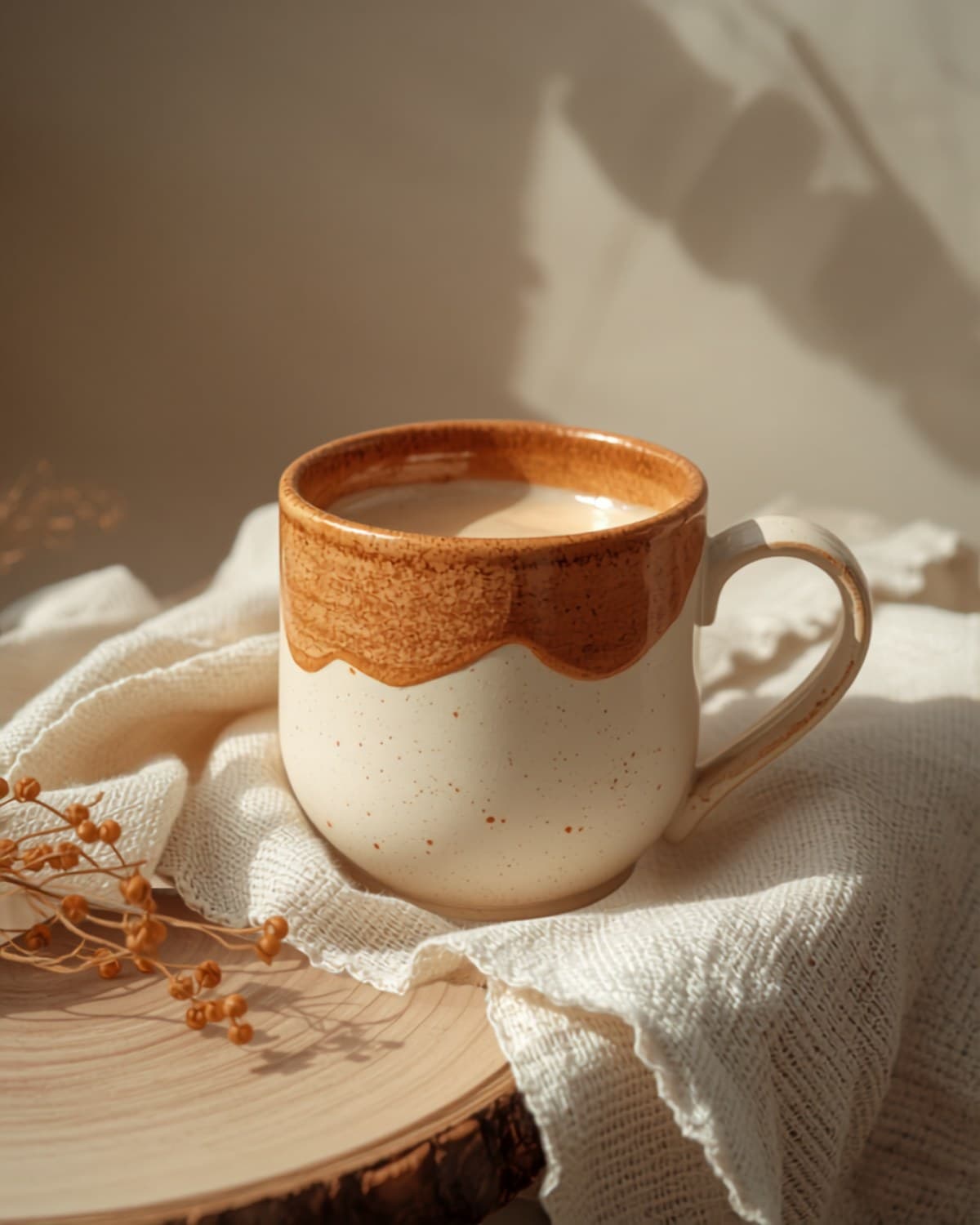 Mug with coffee beside dried flowers